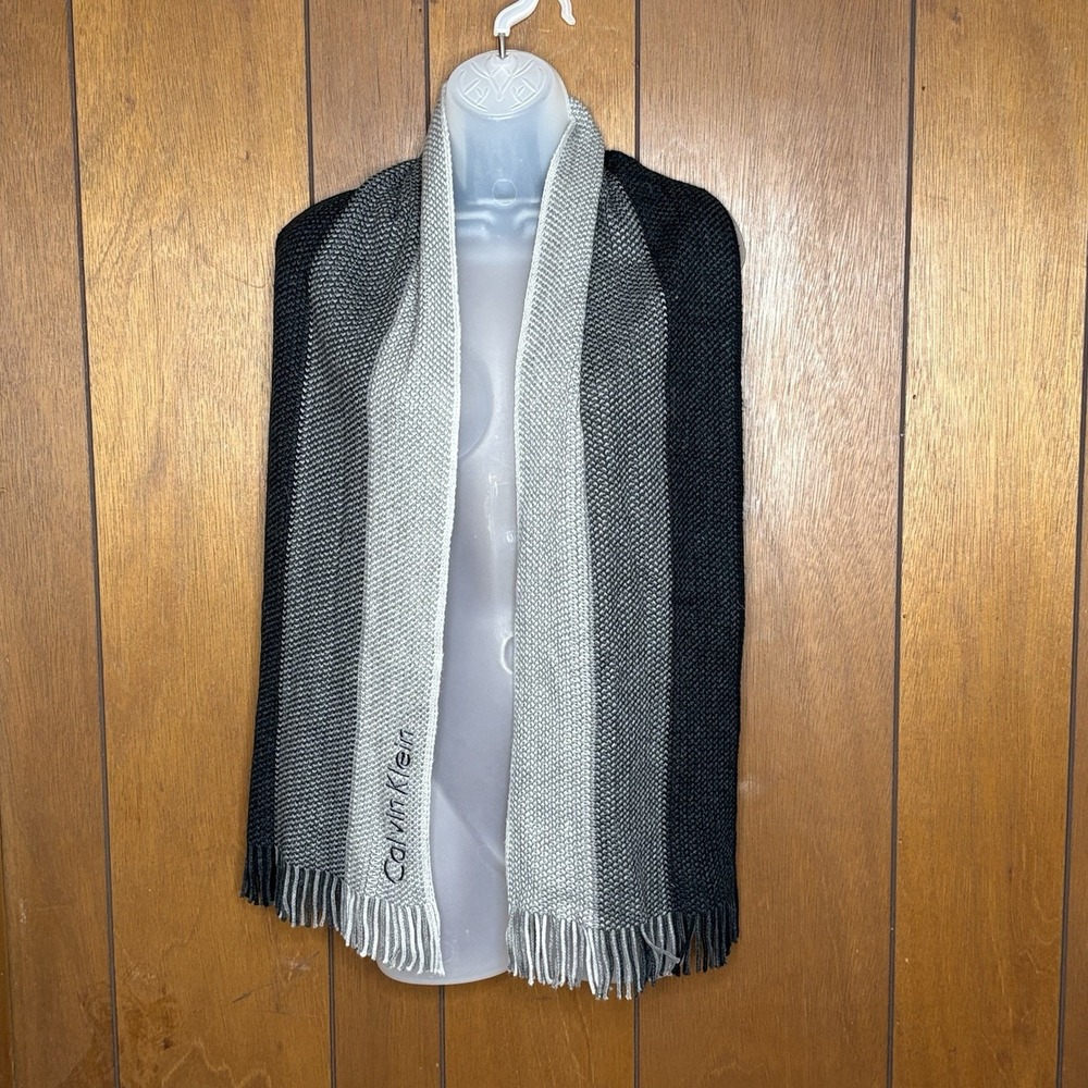 Calvin Klein Knit Scarf Gray‎ Black Stripe Fringe 68" Logo Dark Academia Preppy